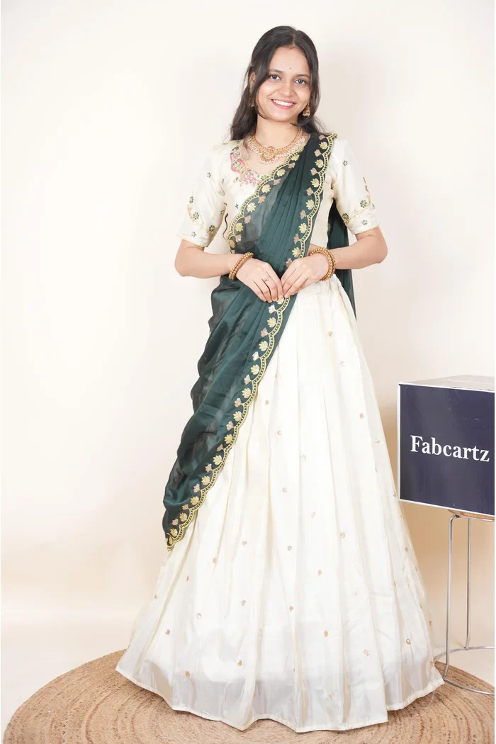 Bottle Green Ivory Half Saree