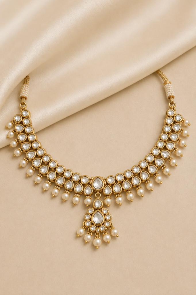 Champagne Pearl Drop Kundan Choker Necklace