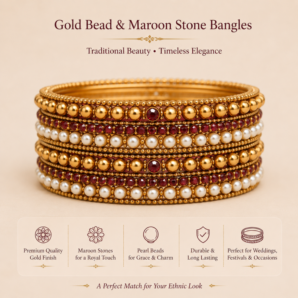 Gold Bead & Maroon Stone Bangles