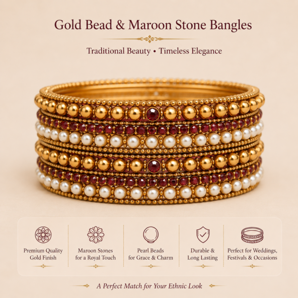 Gold Bead & Maroon Stone Bangles