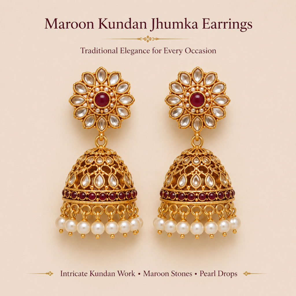Maroon Kundan Jhumka Earrings