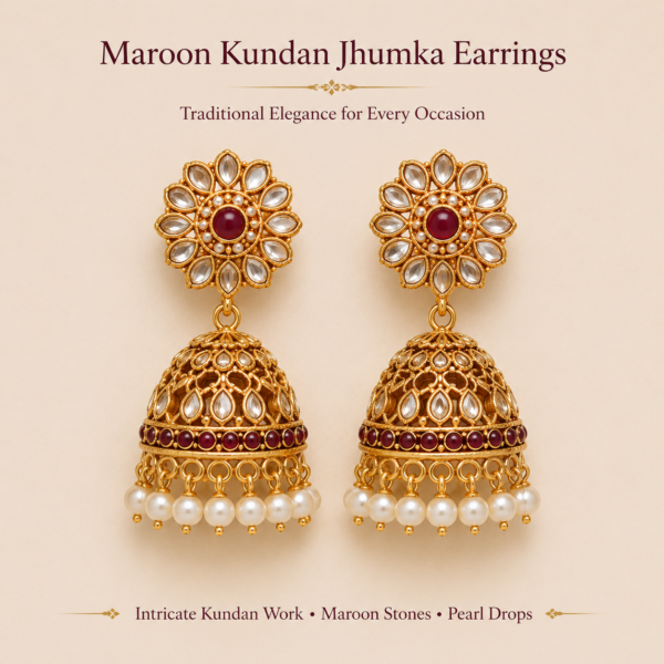 Maroon Kundan Jhumka Earrings