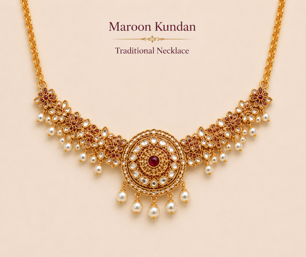 Maroon Kundan Traditional Necklace