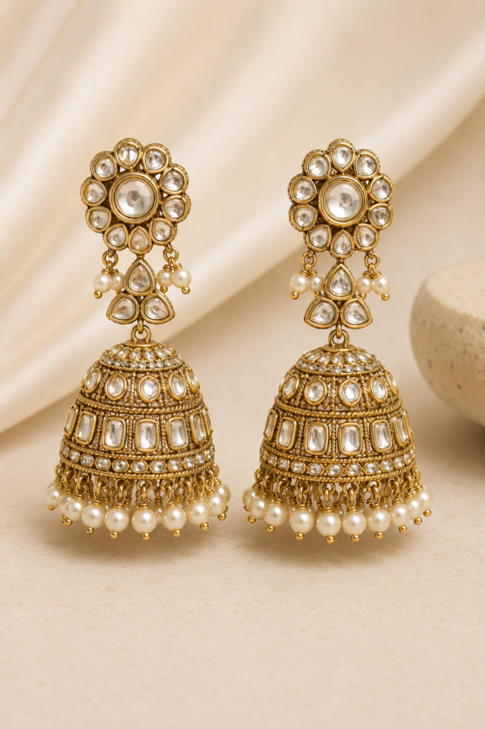 Royal Champagne Kundan Pearl Jhumka Earrings