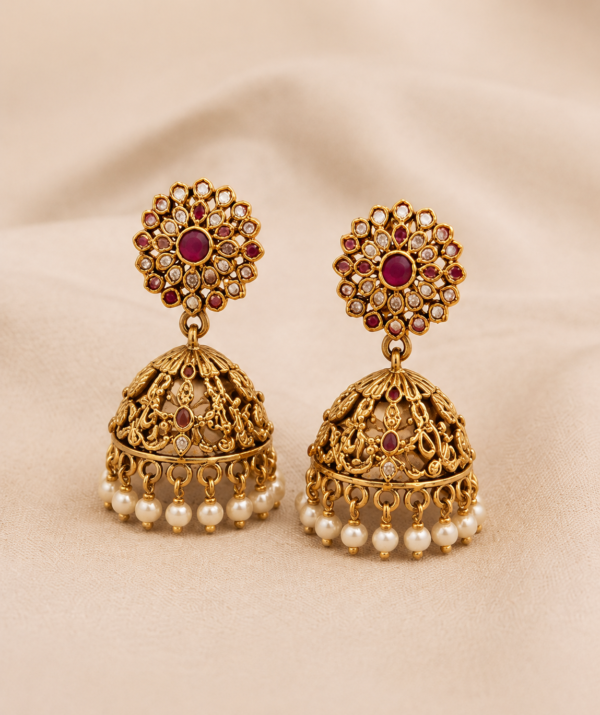 Antique Floral Pearl Jhumka Earrings