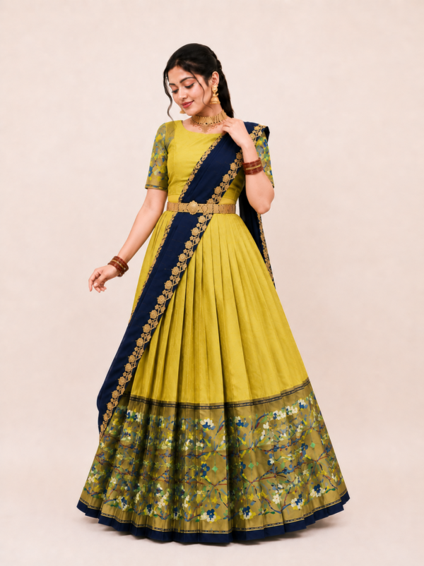 Mustard Yellow Navy Blue Half Saree