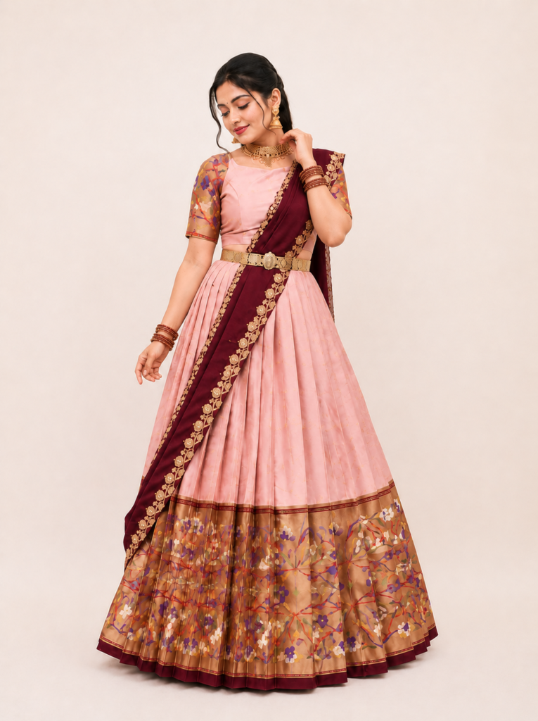 Blush Pink Maroon Half Saree