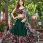 Bottle Green Floral Print Georgette Lehenga Set