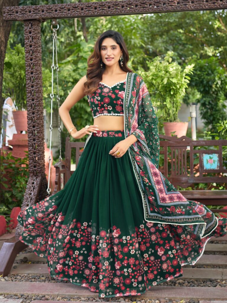 Bottle Green Floral Print Georgette Lehenga Set