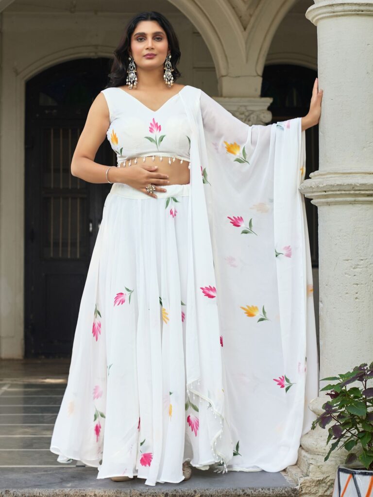 Pure White Hand-Painted Floral Georgette Lehenga Set