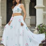 Pure White Multicolor Hand-Painted Floral Georgette Lehenga Set