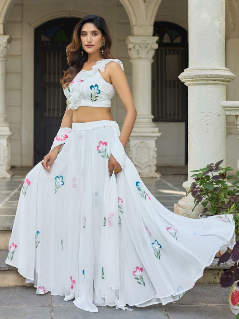 Pure White Multicolor Hand-Painted Floral Georgette Lehenga Set