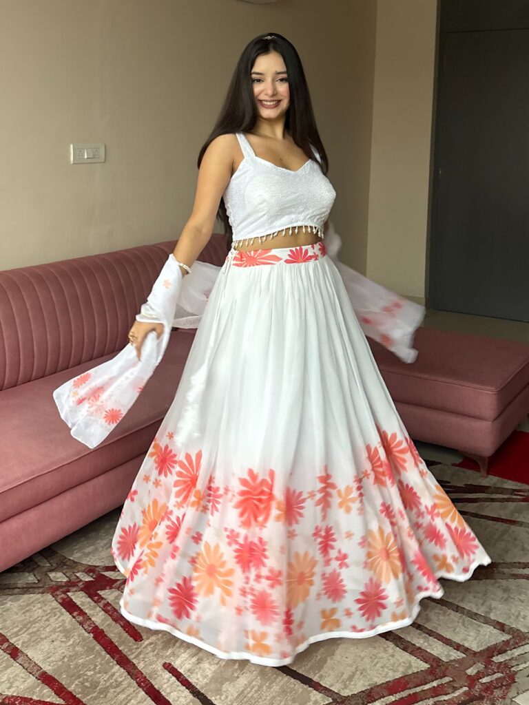 Pure White Ombre Floral Print Georgette Lehenga Set