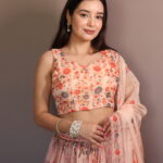 Peach Floral Print Organza Lehenga Set