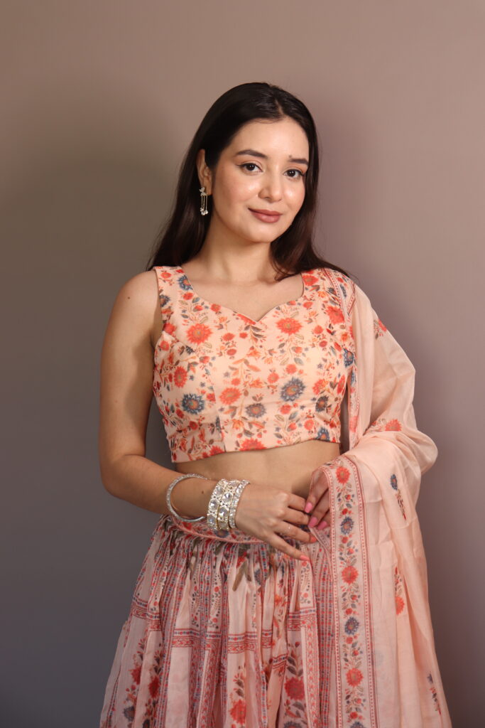 Peach Floral Print Organza Lehenga Set