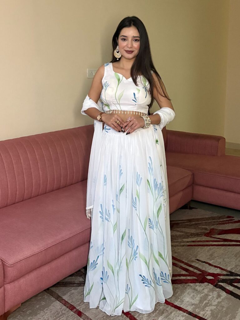 Pure White Hand-Painted Botanical Georgette Lehenga Set