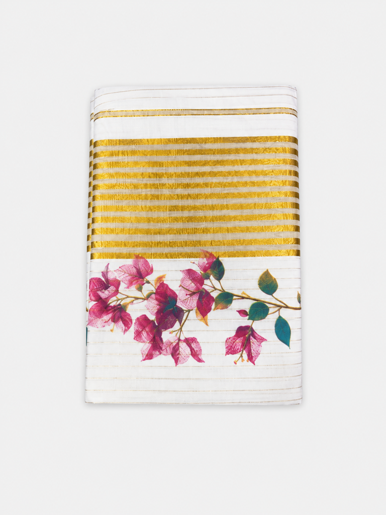 Ivory Floral Printed Tissue Saree with Golden Woven Border