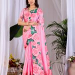 Pink Floral Rose Design Saree