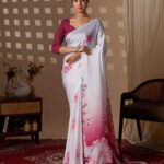 White & Pink Ombre Floral Digital Print Soft Satin Georgette Saree
