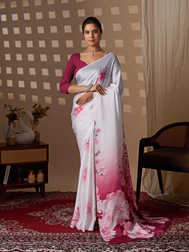 White & Pink Ombre Floral Digital Print Soft Satin Georgette Saree