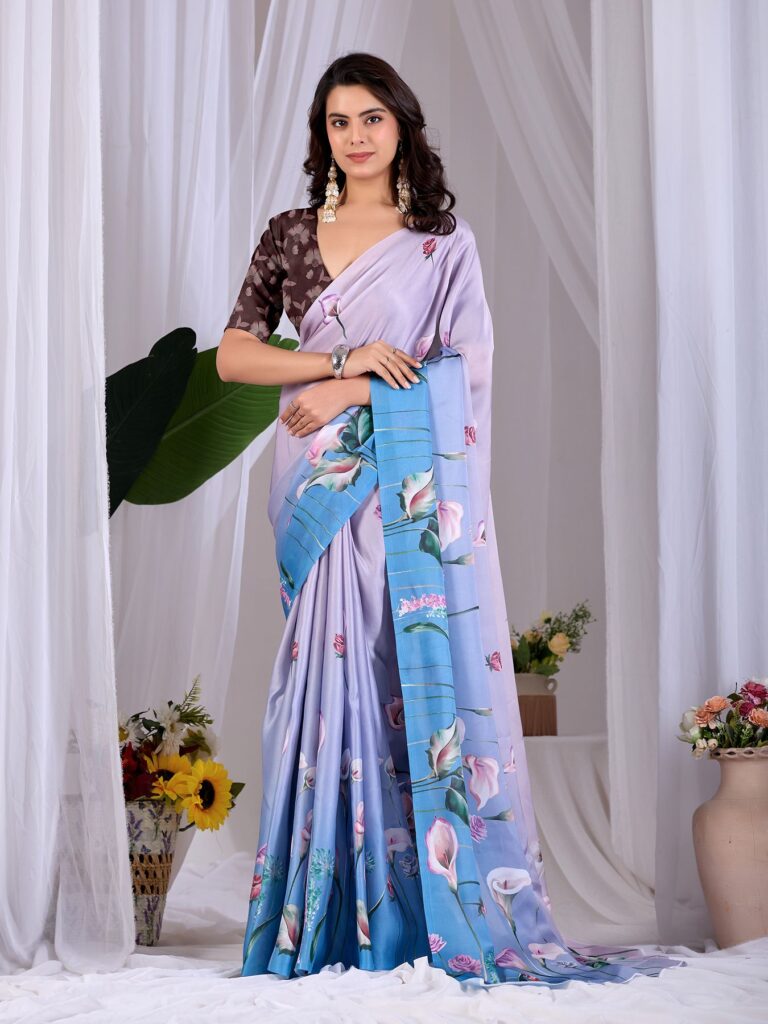 Lavender & Cornflower Blue Floral Digital Print Soft Satin Georgette Saree