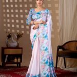 Baby Pink & Blue Floral Digital Print Soft Satin Georgette Saree