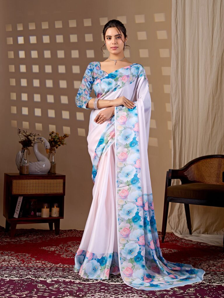 Baby Pink & Blue Floral Digital Print Soft Satin Georgette Saree