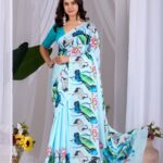 Powder Blue Crane & Lotus Digital Print Soft Satin Georgette Saree