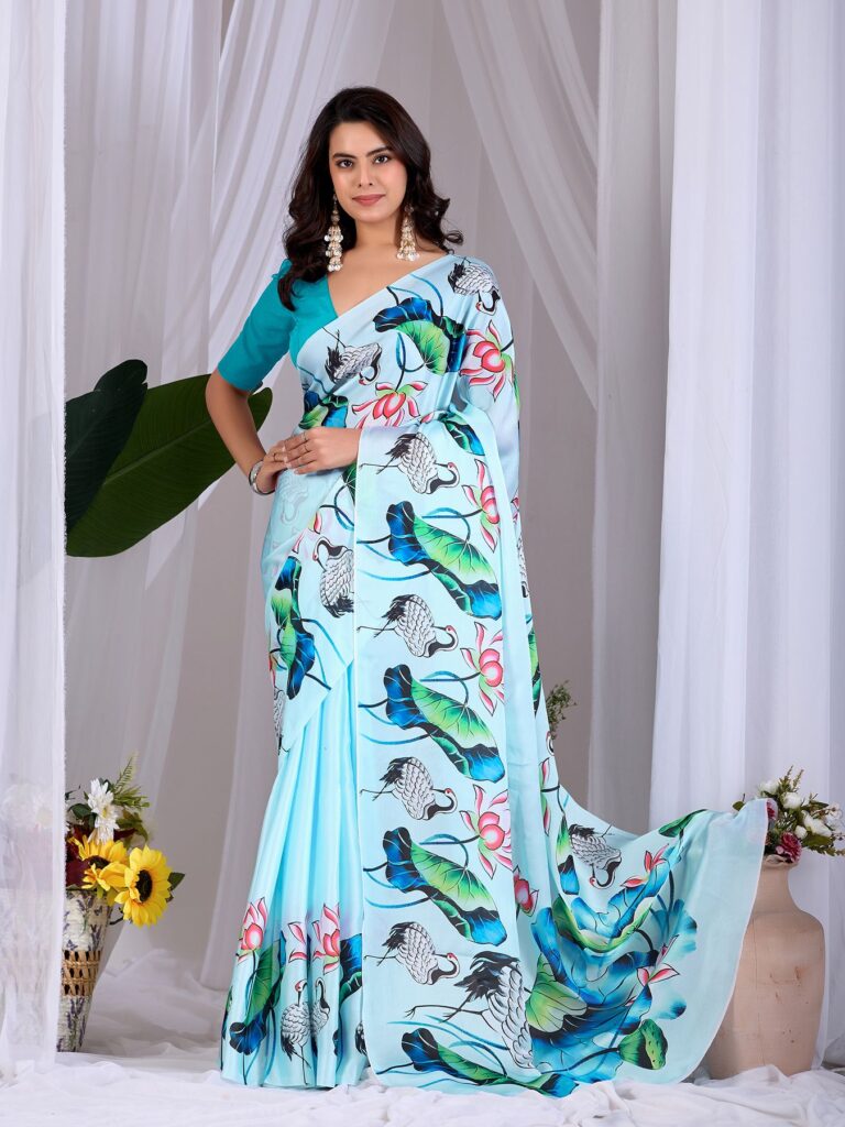 Powder Blue Crane & Lotus Digital Print Soft Satin Georgette Saree