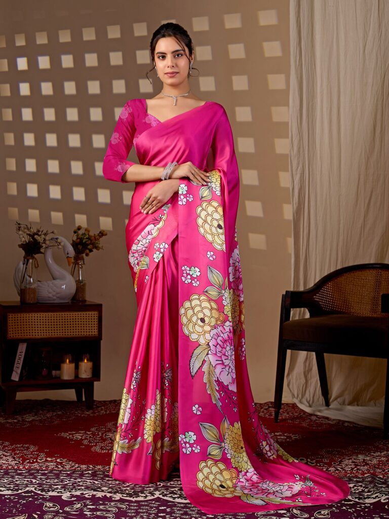 Fuchsia Bold Floral Digital Print Soft Satin Georgette Saree