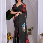 Black Multicolor Floral Digital Print Soft Satin Georgette Saree