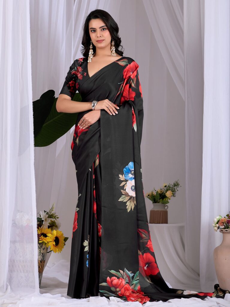 Black Multicolor Floral Digital Print Soft Satin Georgette Saree