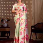 Green Pink Floral Digital Print Soft Satin Georgette Saree