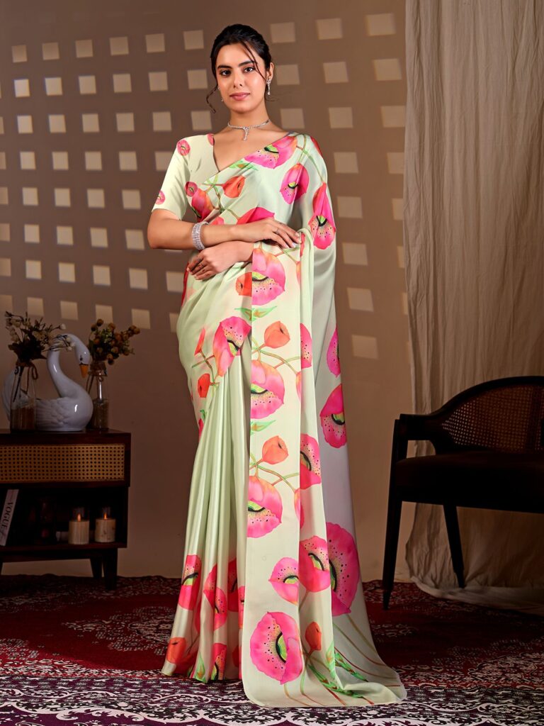 Green Pink Floral Digital Print Soft Satin Georgette Saree