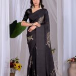 Black Golden Leaf Digital Print Soft Satin Georgette Saree