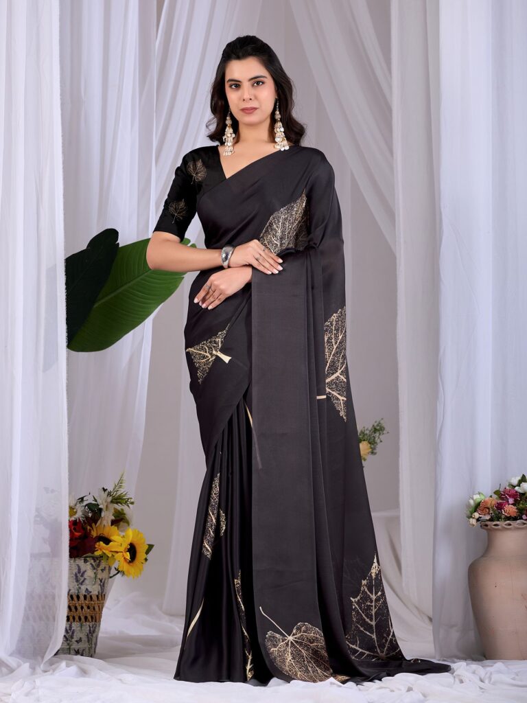 Black Golden Leaf Digital Print Soft Satin Georgette Saree