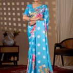 Pastel Blue Polka Dot Floral Digital Print Soft Satin Georgette Saree