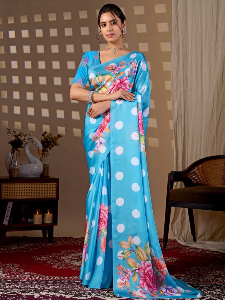 Pastel Blue Polka Dot Floral Digital Print Soft Satin Georgette Saree