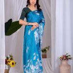 Blue Traditional Floral Digital Print Soft Satin Georgette Saree