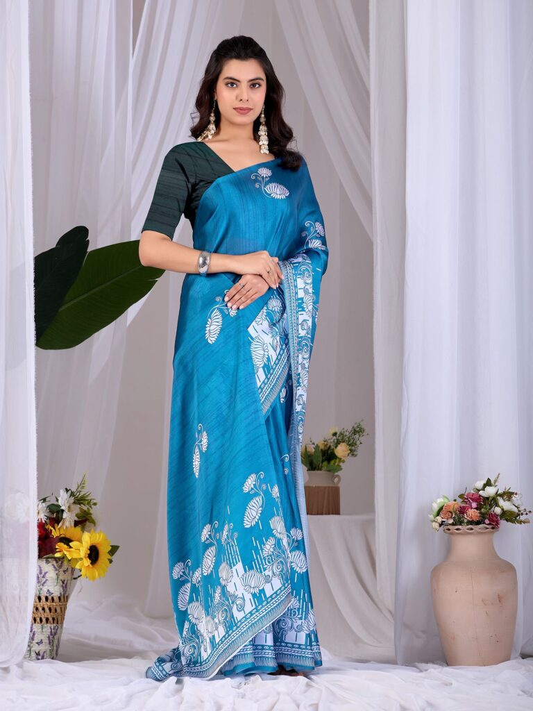Blue Traditional Floral Digital Print Soft Satin Georgette Saree