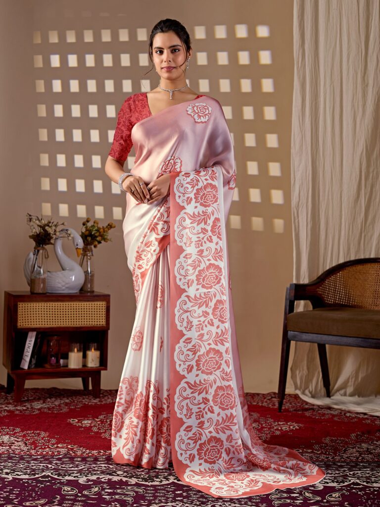 Baby Pink Floral Digital Print Soft Satin Georgette Saree