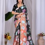 Black Floral Digital Print Soft Satin Georgette Saree