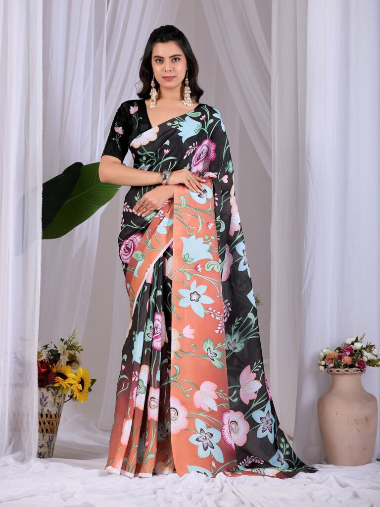 Black Floral Digital Print Soft Satin Georgette Saree