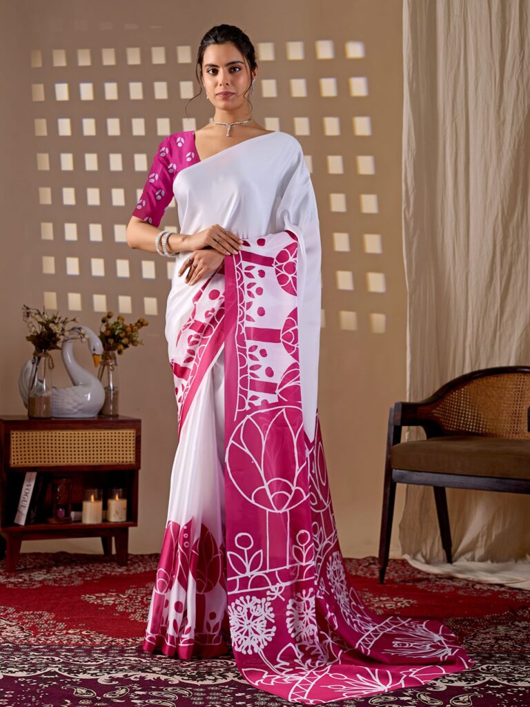 White Artistic Floral Digital Print Soft Satin Georgette Saree