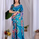 Blue Multicolor Floral Digital Print Soft Satin Georgette Saree