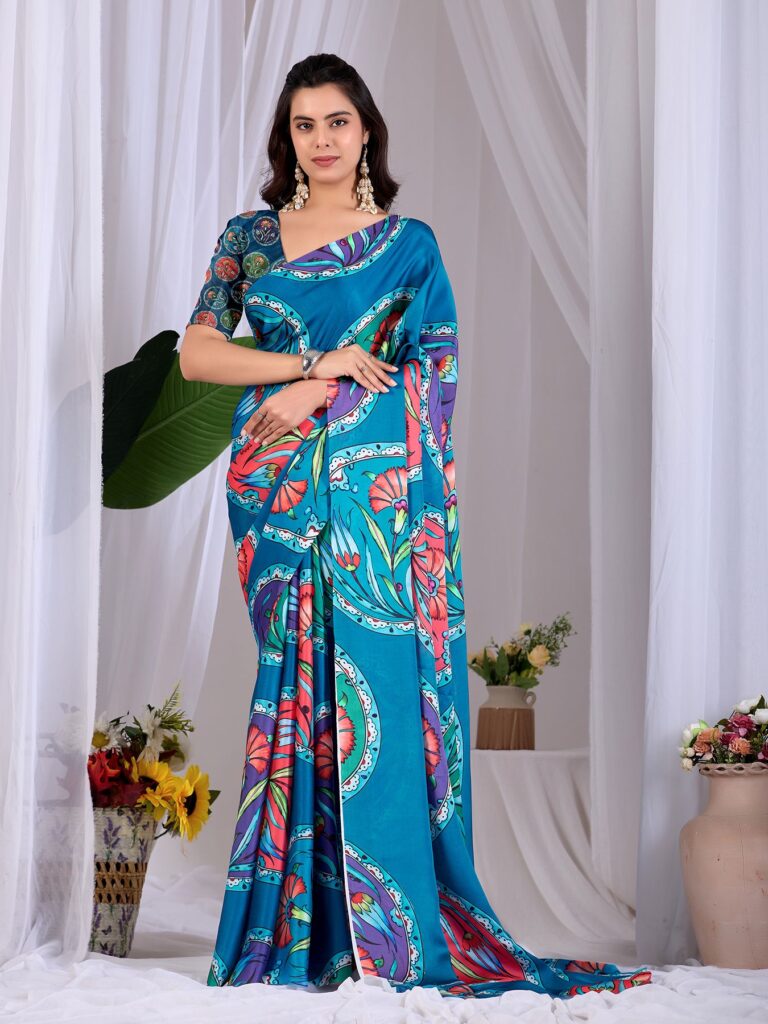 Blue Multicolor Floral Digital Print Soft Satin Georgette Saree