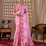 Flamingo Pink  Floral Digital Print Soft Satin Georgette Saree