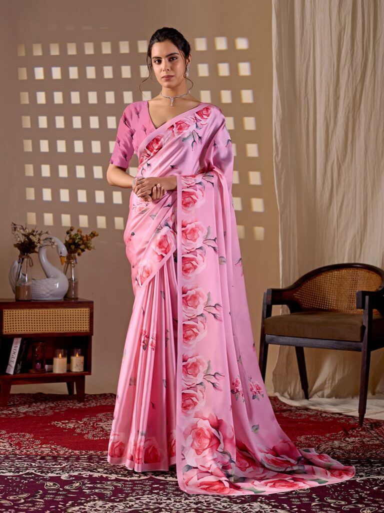 Flamingo Pink Floral Digital Print Soft Satin Georgette Saree