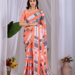 Coral Floral Striped Digital Print Soft Satin Georgette Saree