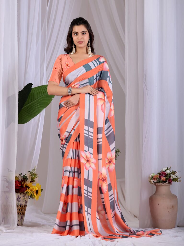 Coral Floral Striped Digital Print Soft Satin Georgette Saree